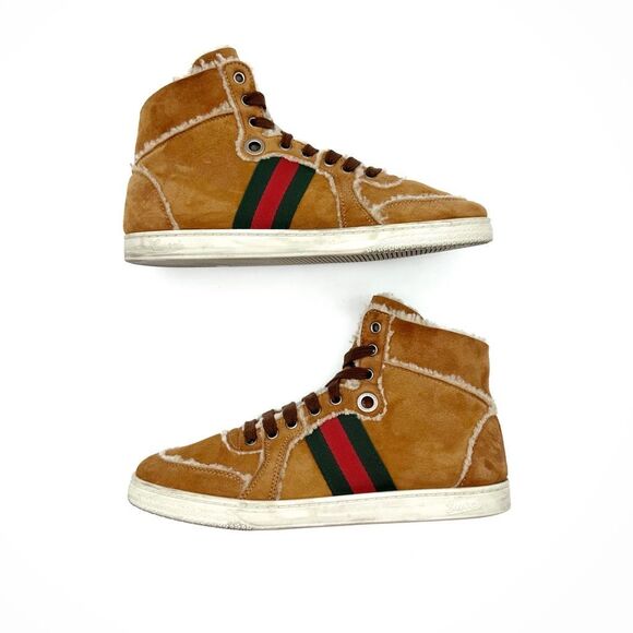 GUCCI Brown Suede Shearling Ace Sneakers Size 39 US 8.5 High Top Web Stripe Fur - Picture 6 of 11